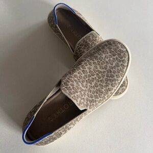 Rothy's Tan Leopard Print Slip-On Sneakers with Blue Trim